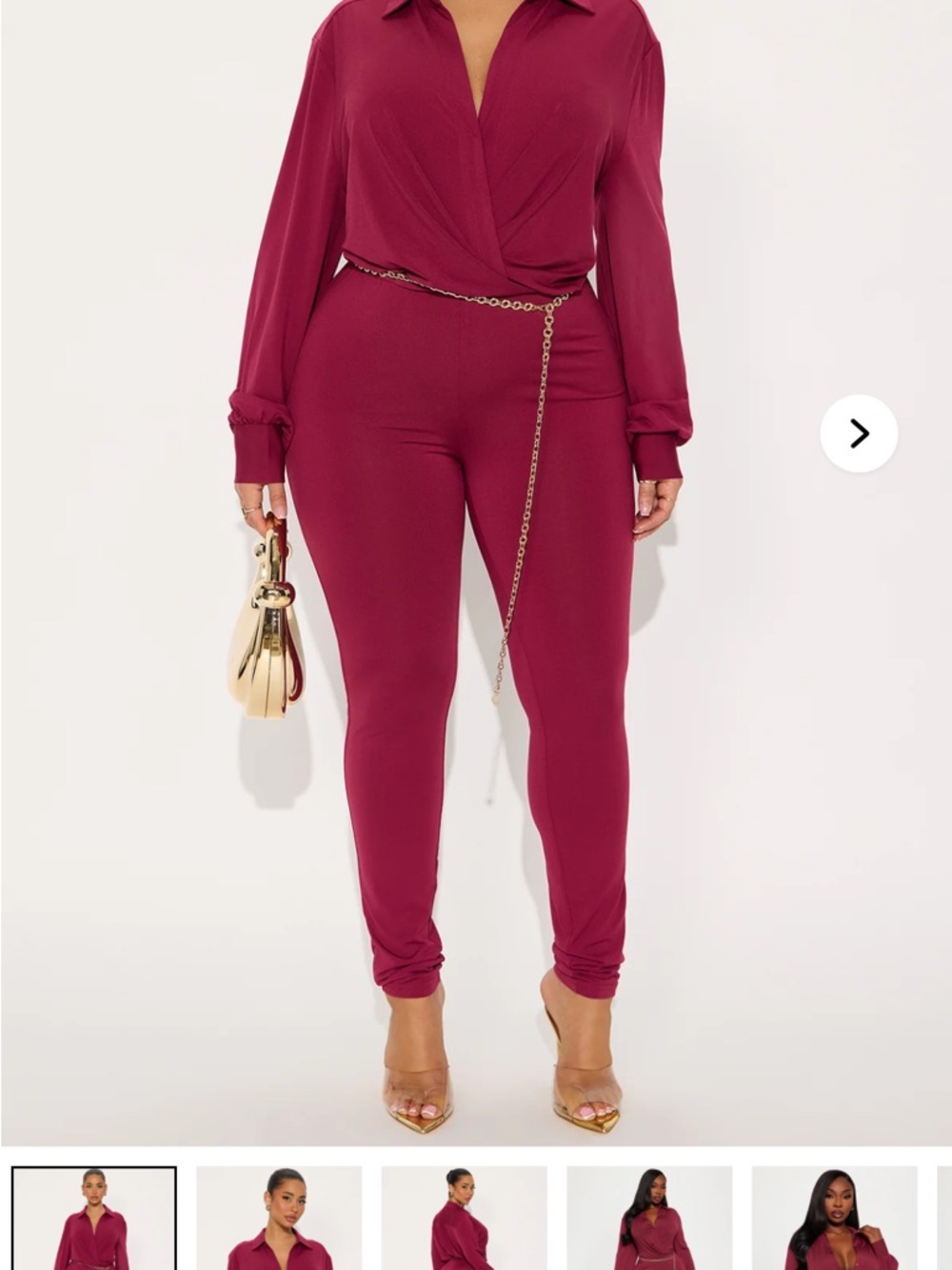 Fashion Nova Burgundy Long Sleeve Jumpsuit with Chain Detail
